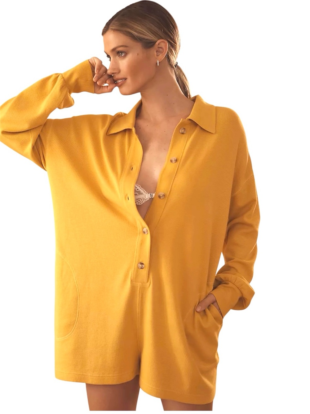 By Anthropologie Waffle Cocoon Long Sleeve Button Front Boxy Romper Size Xlarge